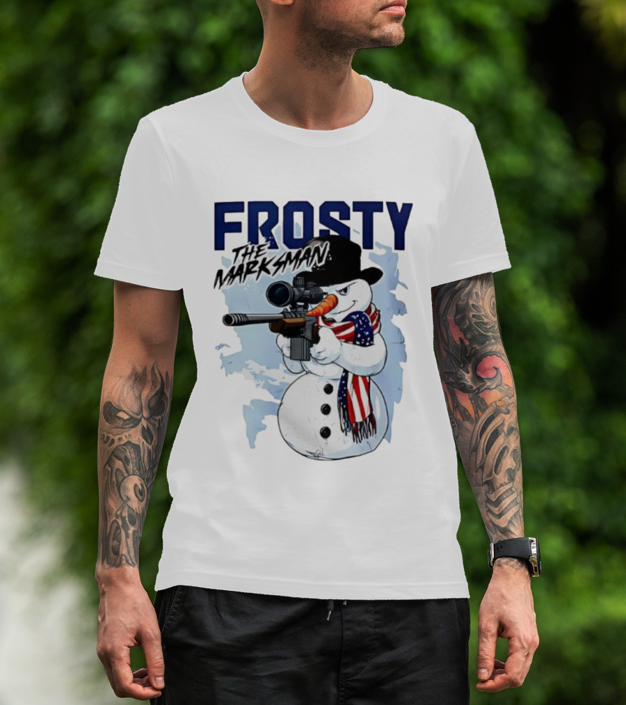 Frosty The Marksman Snowman USA Flag Scarf Sniper Hat T-Shirt