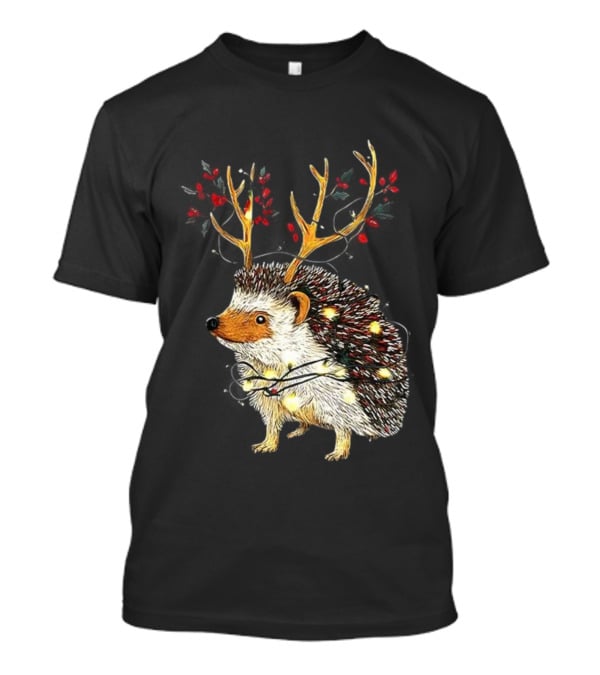 Hedgehog With Antlers Wearing String Of Lights Christmas Holiday Design T-Shirt