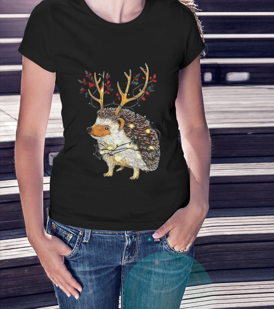 Hedgehog With Antlers Wearing String Of Lights Christmas Holiday Design T-Shirt
