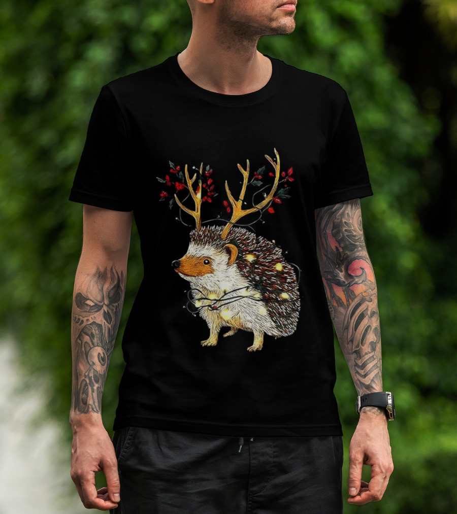 Hedgehog With Antlers Wearing String Of Lights Christmas Holiday Design T-Shirt