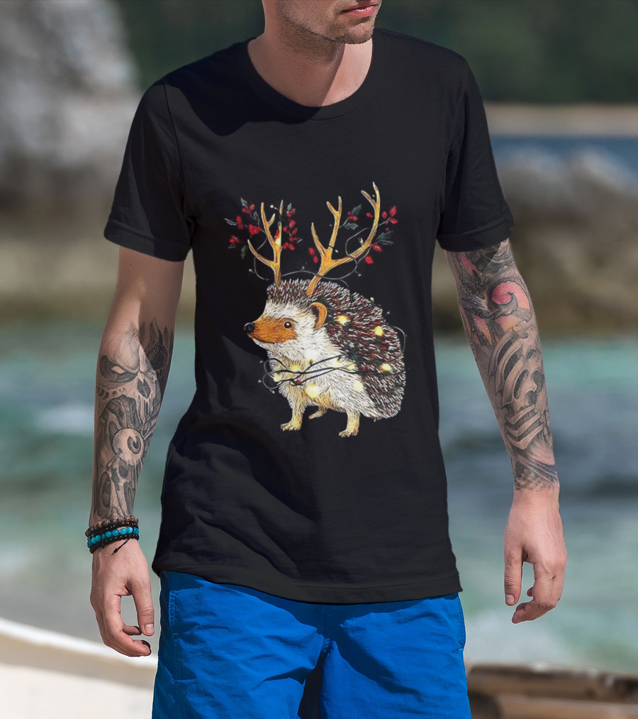 Hedgehog With Antlers Wearing String Of Lights Christmas Holiday Design T-Shirt