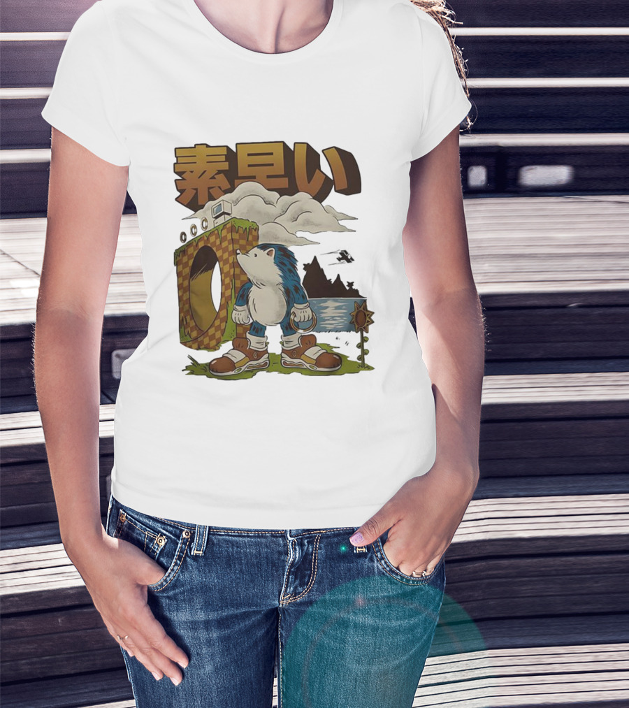 Hedgehog Retro Video Game Symbol Japanese Text T-Shirt