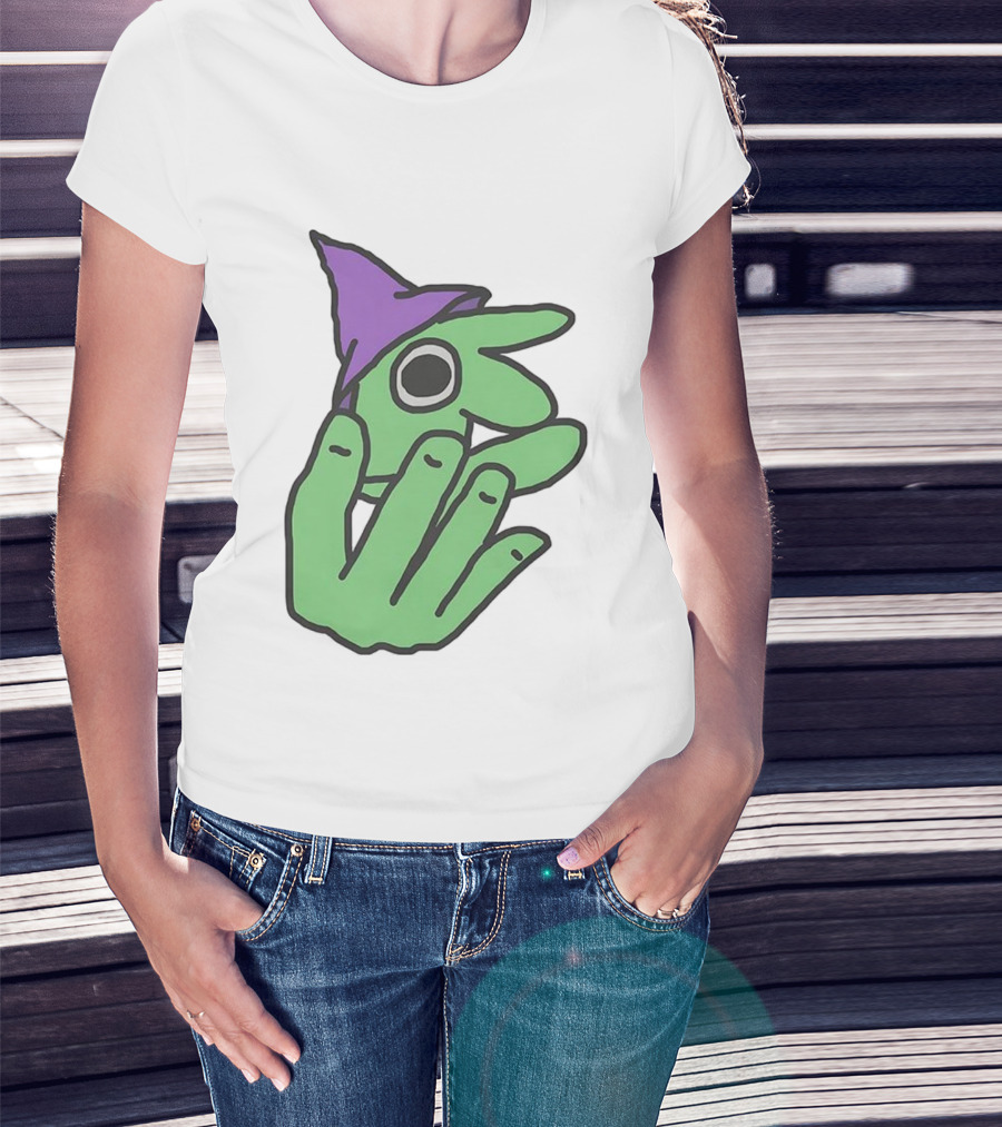 Glep Smiling Friends Character With Green Hand And Purple Hat T-Shirt
