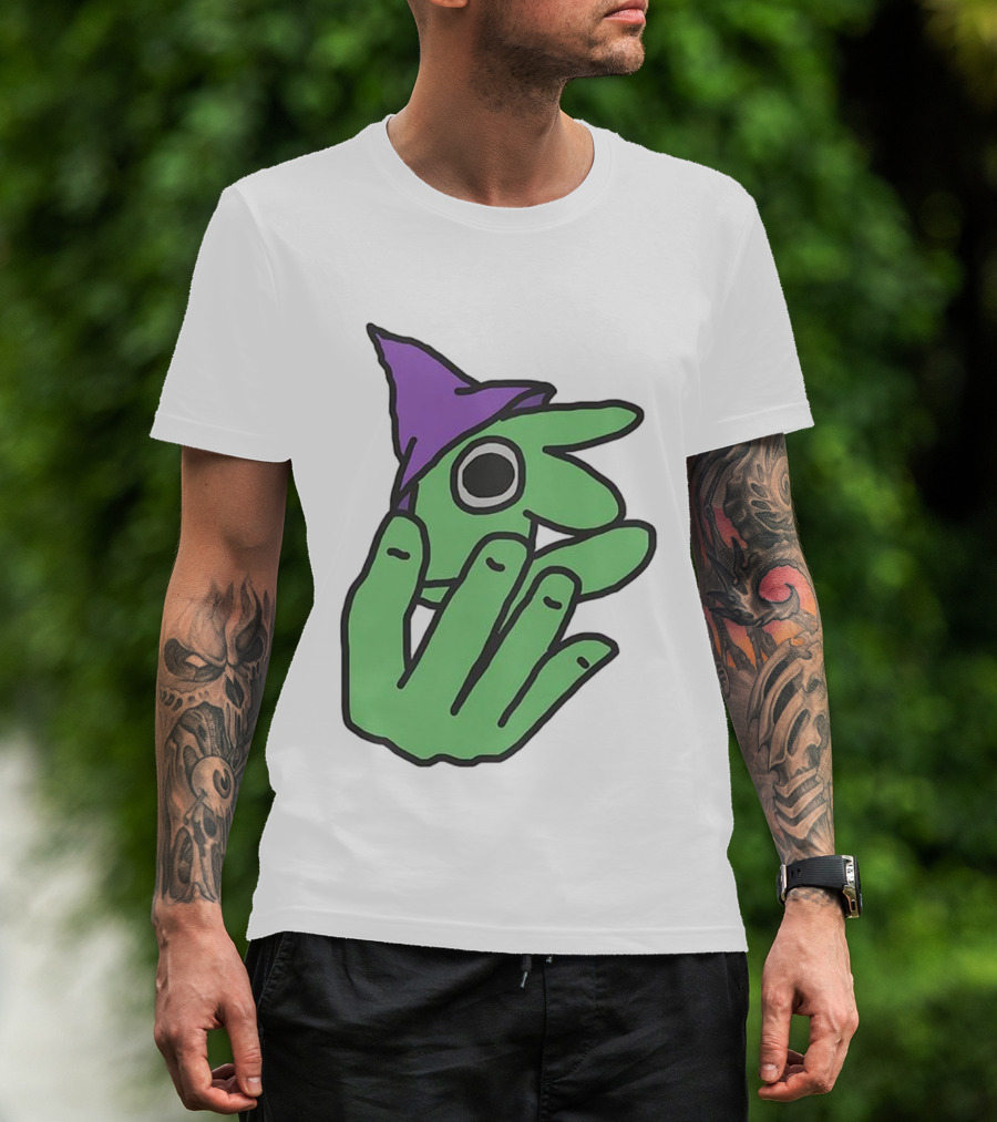 Glep Smiling Friends Character With Green Hand And Purple Hat T-Shirt
