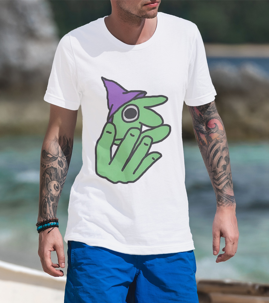 Glep Smiling Friends Character With Green Hand And Purple Hat T-Shirt