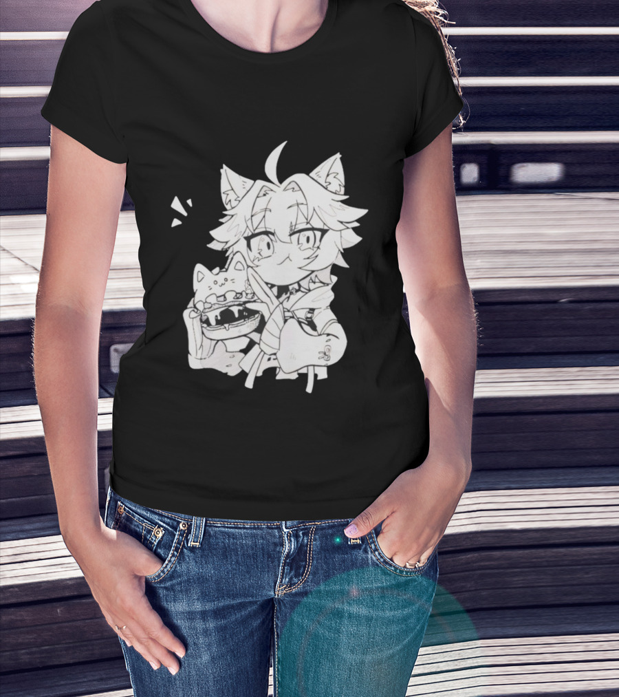 Genshin Impact Cat-Eared Character With Cat Burger Anime Illustration T-Shirt