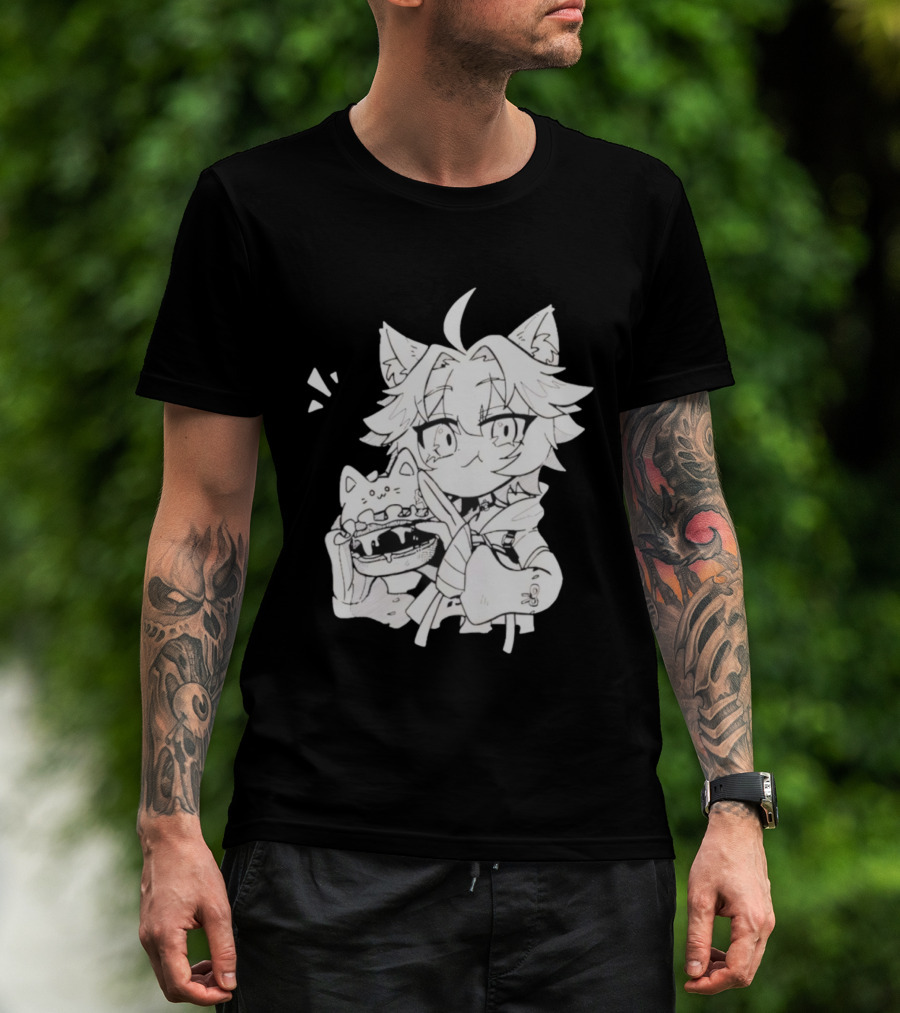 Genshin Impact Cat-Eared Character With Cat Burger Anime Illustration T-Shirt