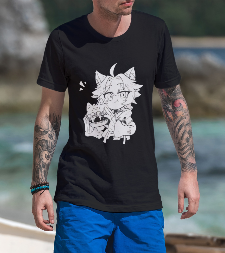 Genshin Impact Cat-Eared Character With Cat Burger Anime Illustration T-Shirt