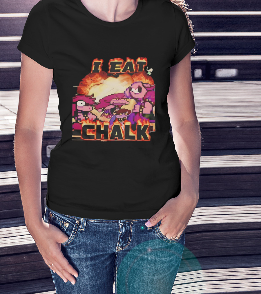 I Eat Chalk Pixel Characters Fire Background Design T-Shirt