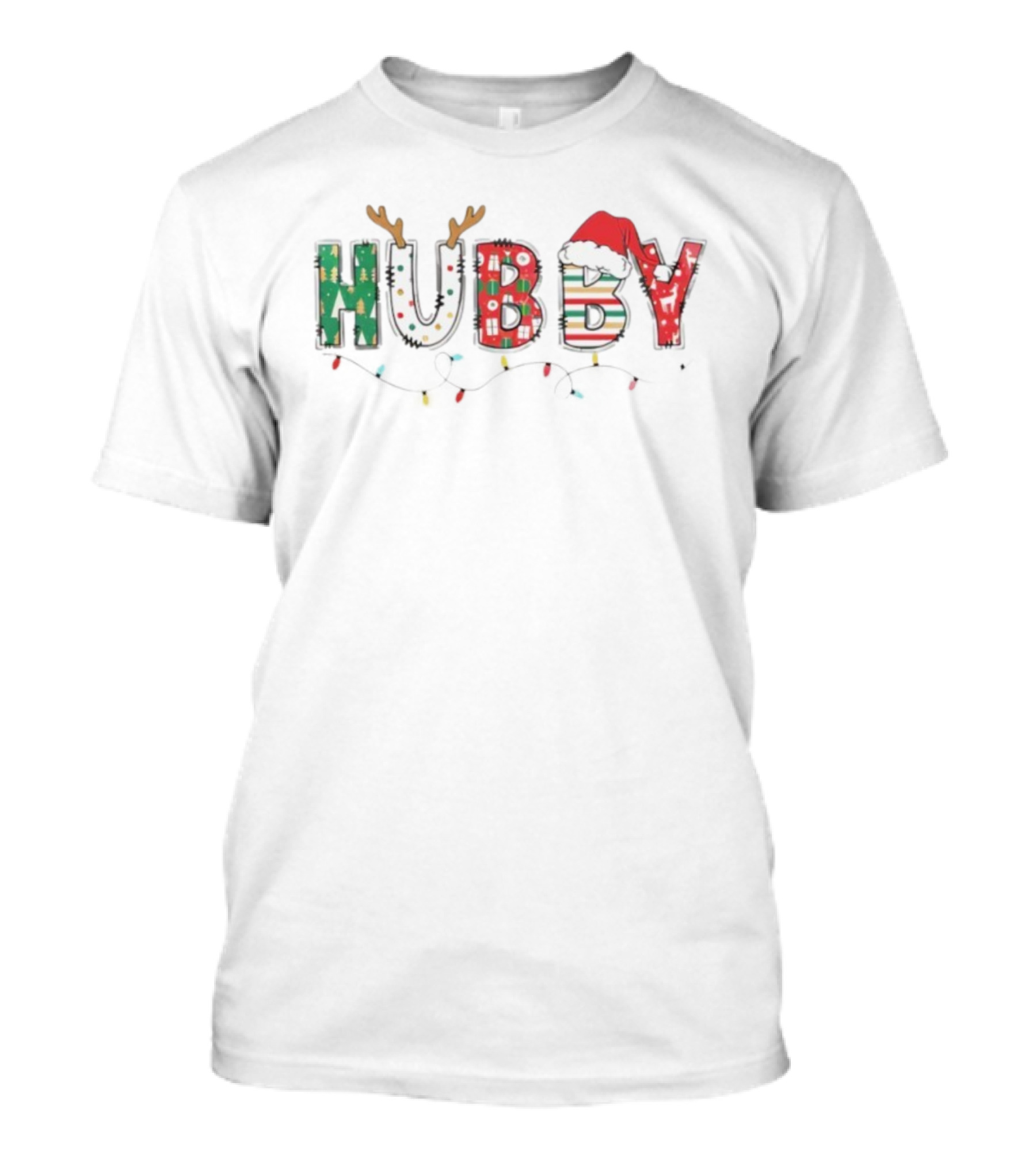 Hubby Christmas Antlers Santa Hat Lights Festive Design T-Shirt