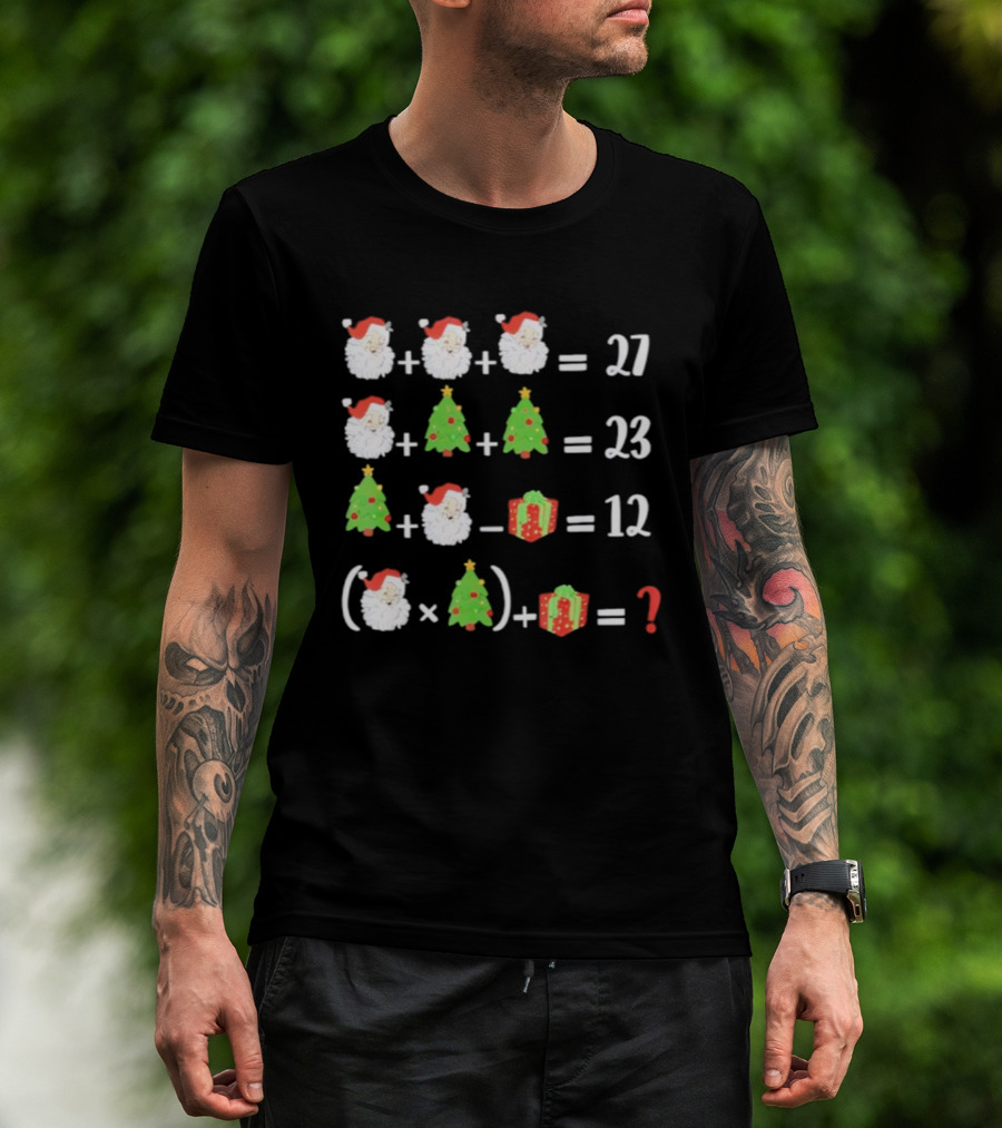 Santa Christmas Tree Gift Math Puzzle Equation 27 23 12 Question T-Shirt