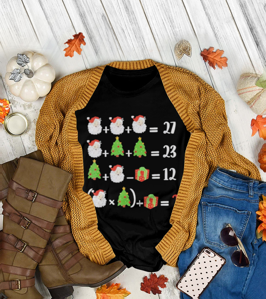 Santa Christmas Tree Gift Math Puzzle Equation 27 23 12 Question T-Shirt