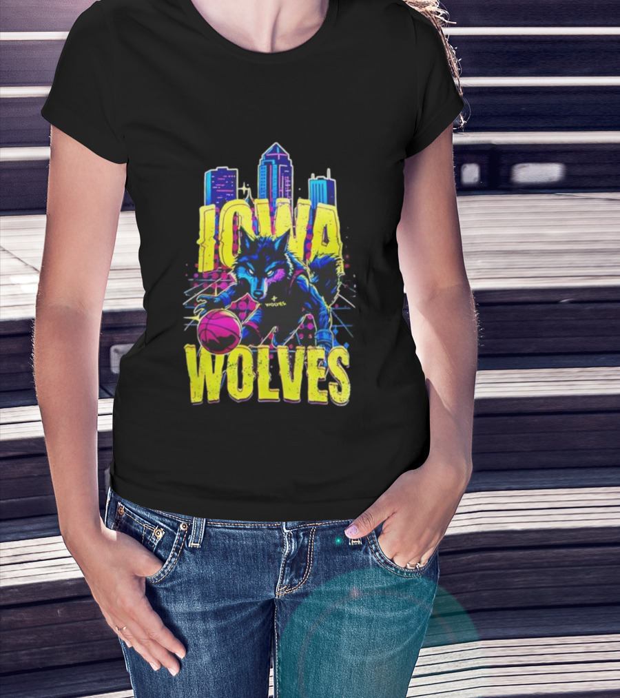 Iowa Wolves Neon Basketball Wolf Skyline T-Shirt