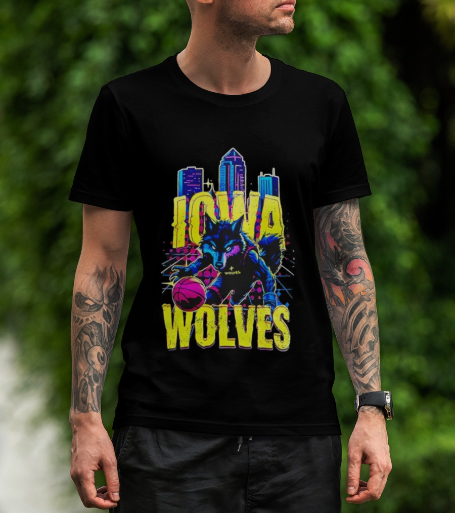 Iowa Wolves Neon Basketball Wolf Skyline T-Shirt