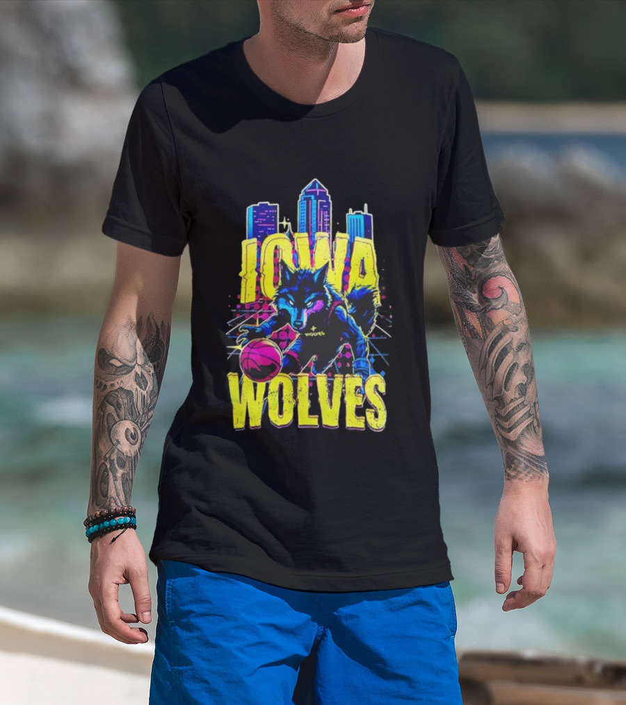 Iowa Wolves Neon Basketball Wolf Skyline T-Shirt