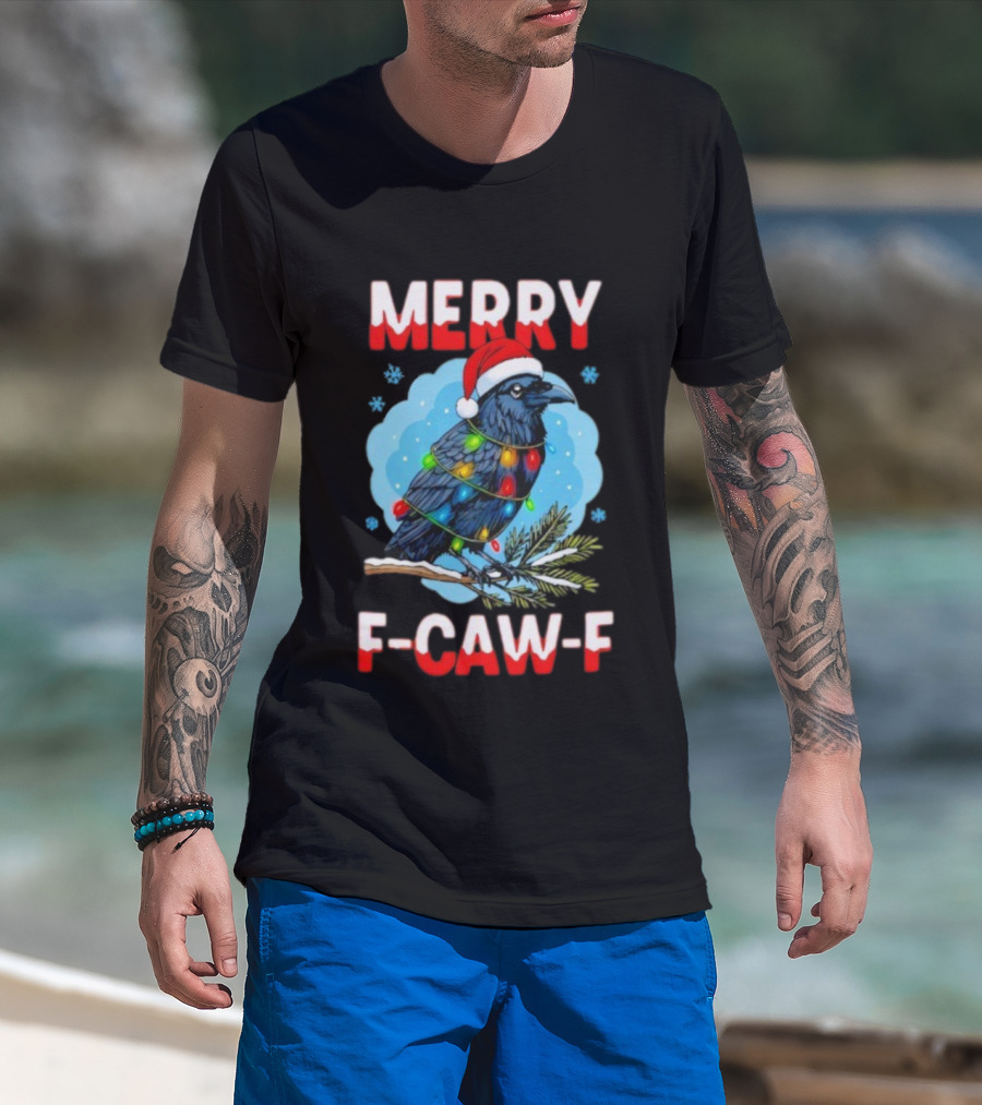 Merry Christmas F-Caw-F Santa Hat Crow With Lights T-Shirt