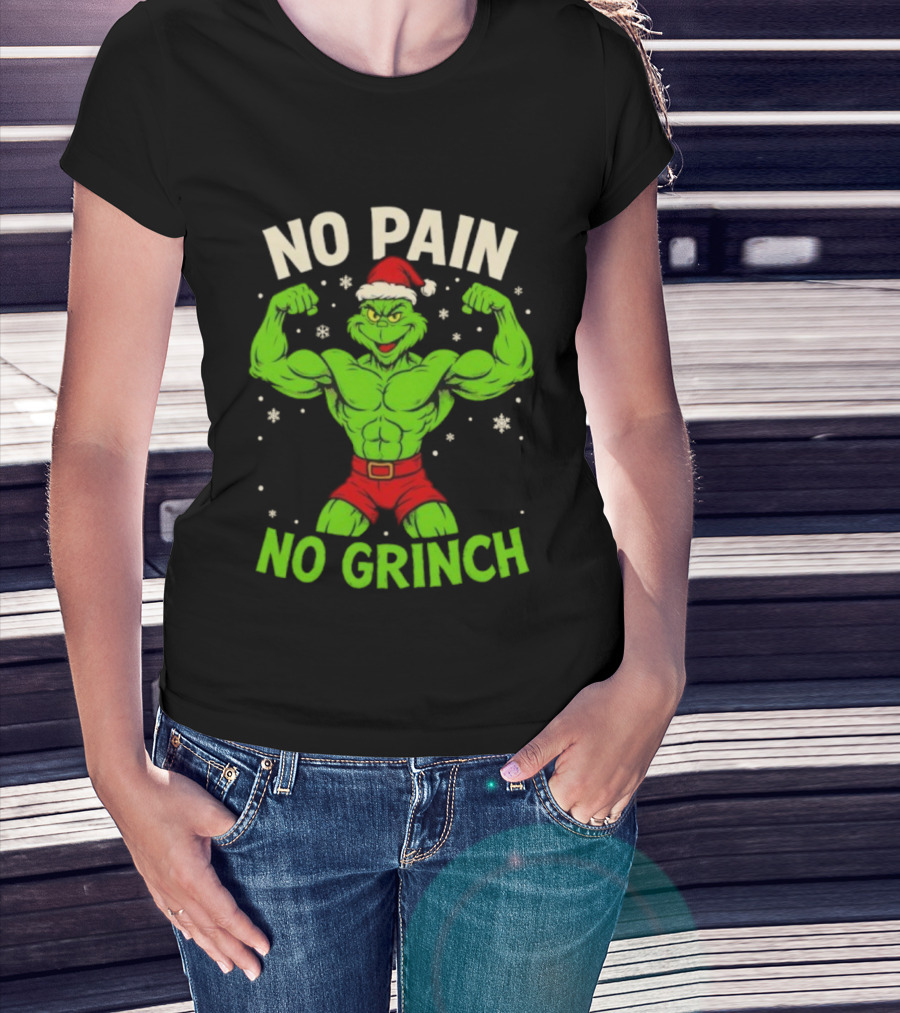 No Pain No Grinch Christmas Gym Santa Hat Muscle Fitness T-Shirt