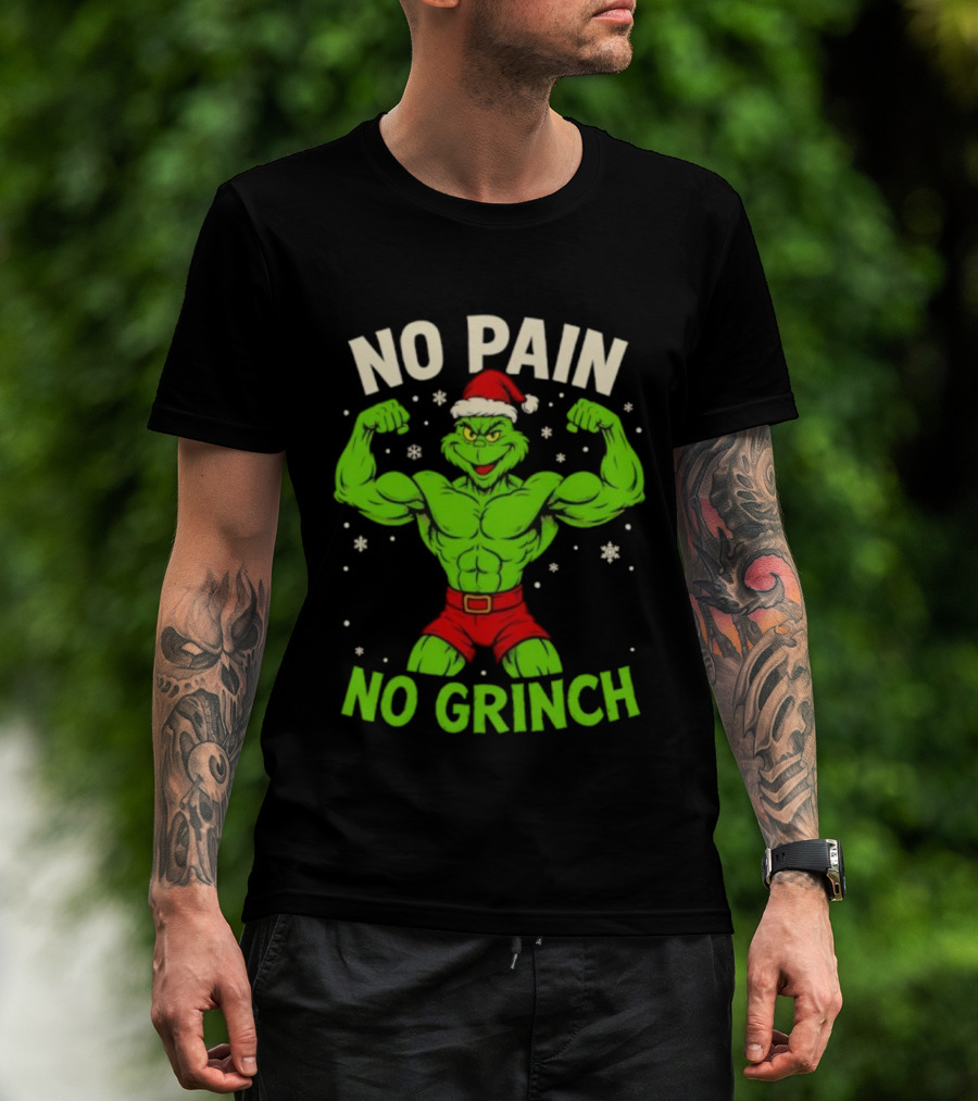 No Pain No Grinch Christmas Gym Santa Hat Muscle Fitness T-Shirt