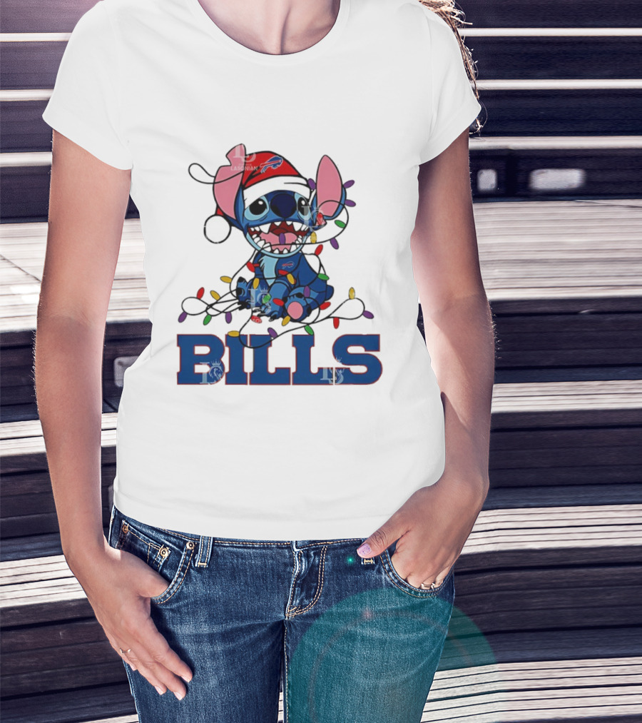Buffalo Bills Christmas Lights With Stitch In Santa Hat T-Shirt