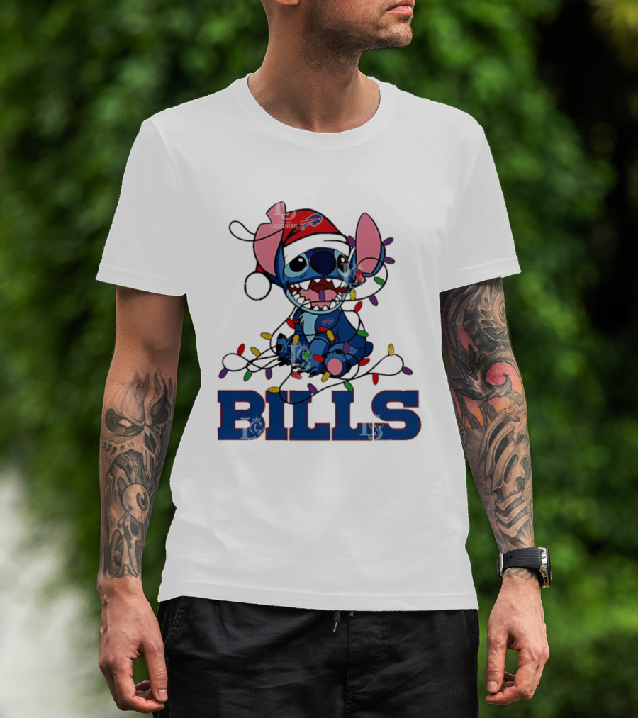 Buffalo Bills Christmas Lights With Stitch In Santa Hat T-Shirt