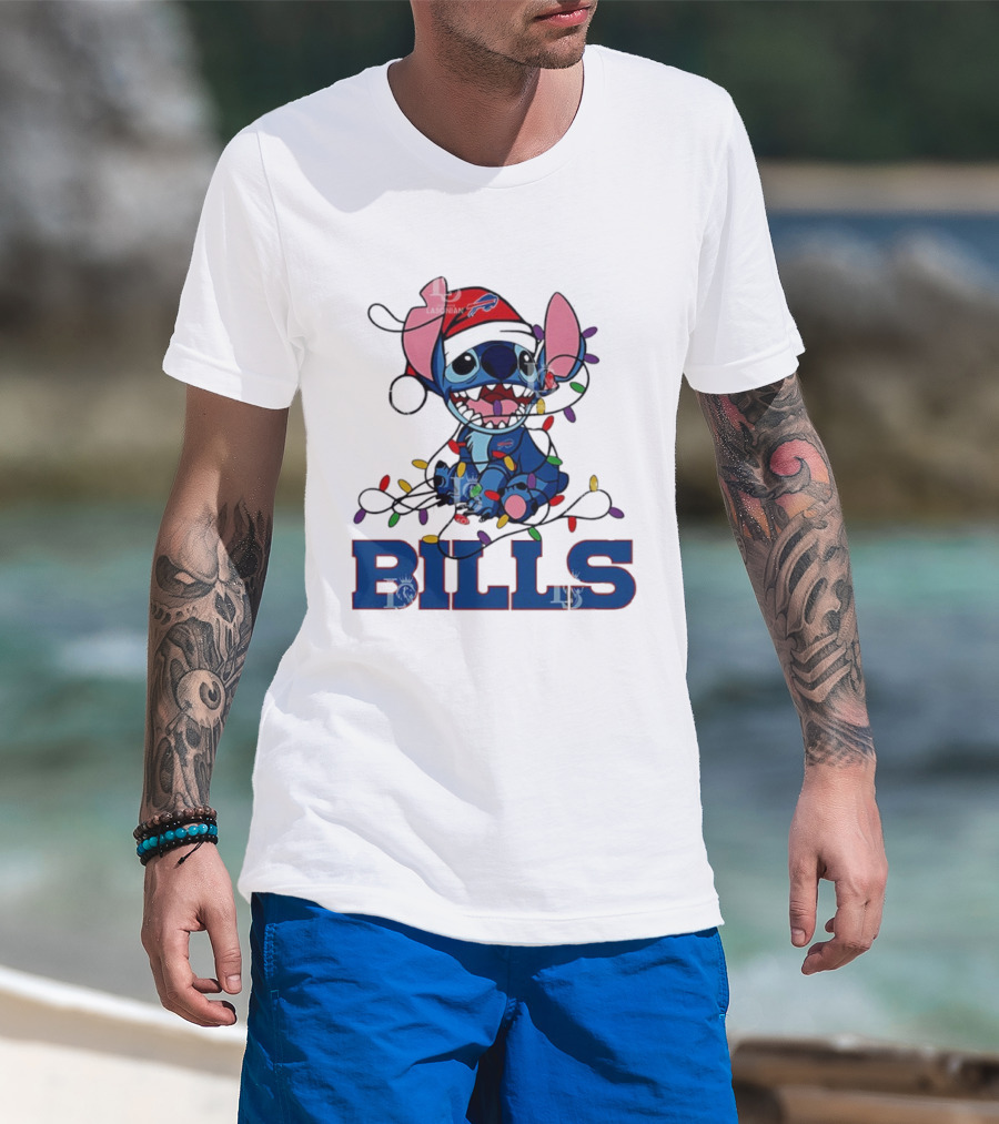 Buffalo Bills Christmas Lights With Stitch In Santa Hat T-Shirt