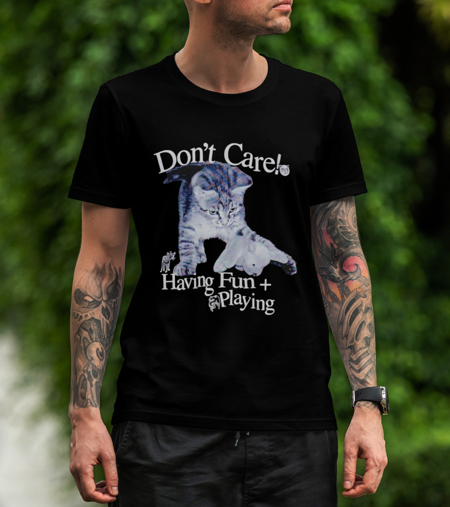 Don't Care Cat Having Fun Playing With Dog T-Shirt