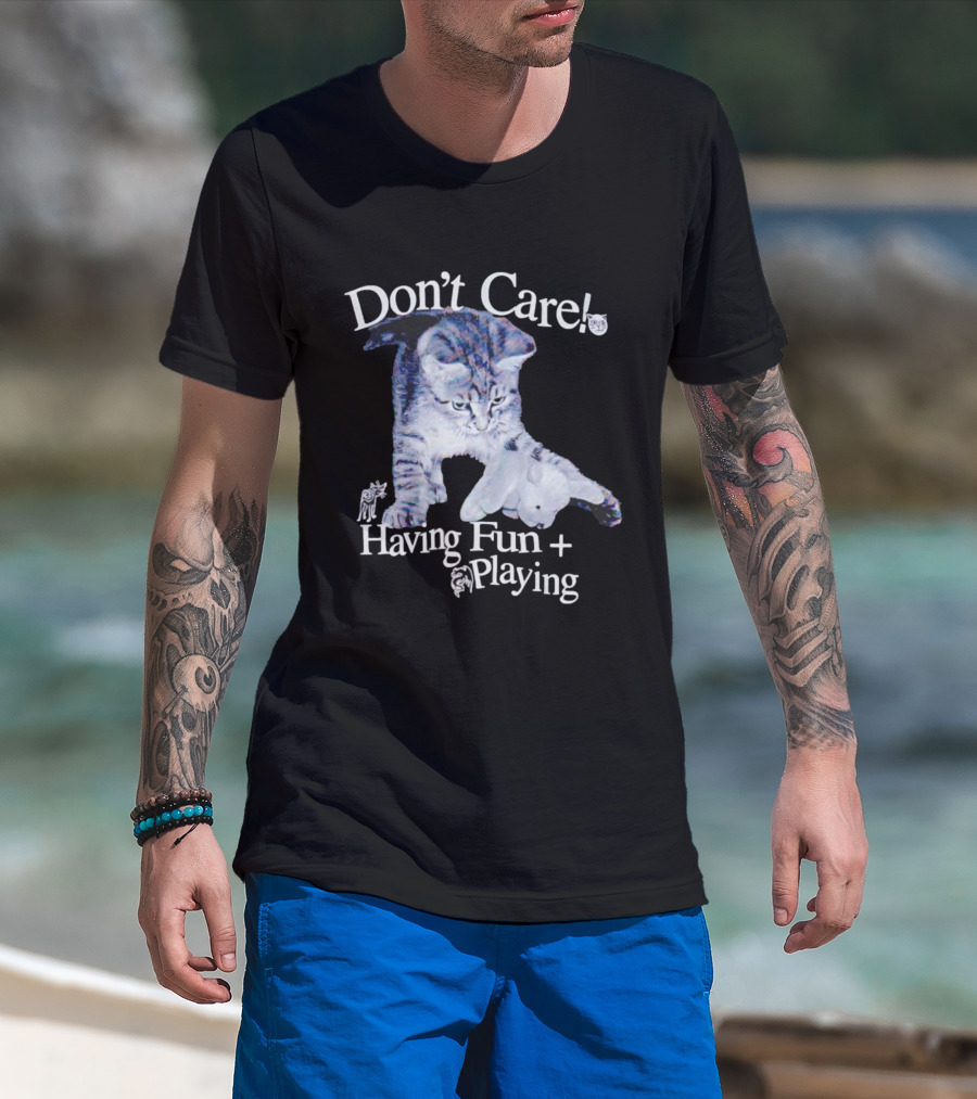 Don't Care Cat Having Fun Playing With Dog T-Shirt