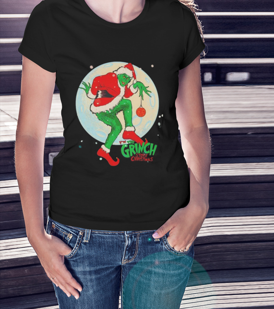 How The Grinch Stole Christmas Moon Scene With Ornament And Santa Suit T-Shirt