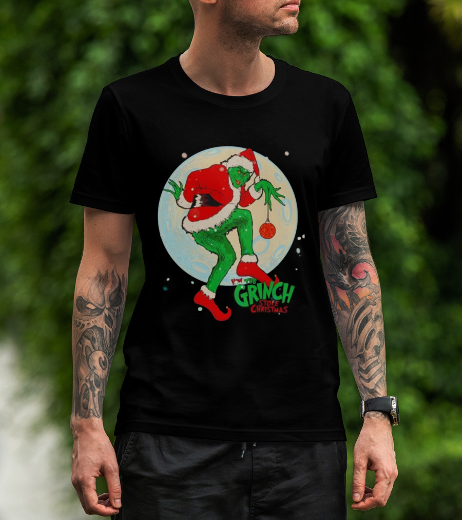 How The Grinch Stole Christmas Moon Scene With Ornament And Santa Suit T-Shirt