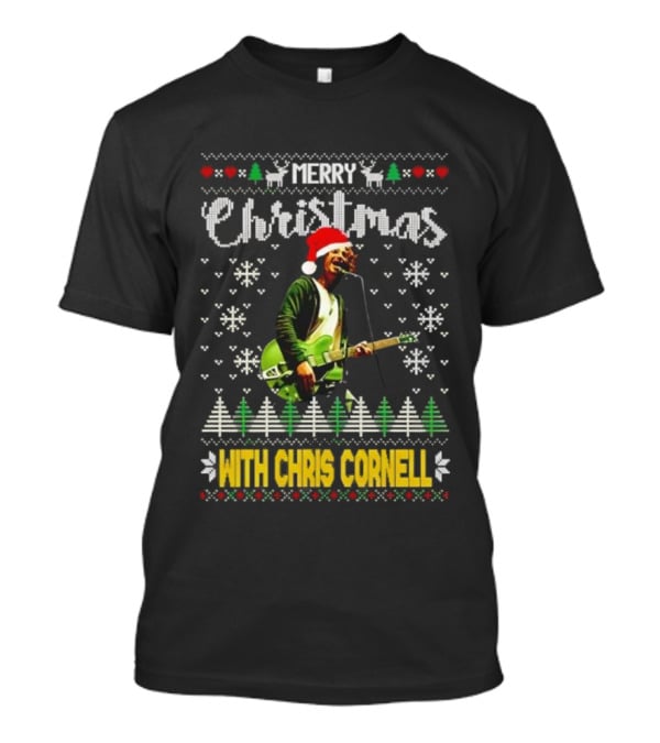 Merry Christmas With Chris Cornell Musician Santa Hat Guitar Snowflakes Trees T-Shirt