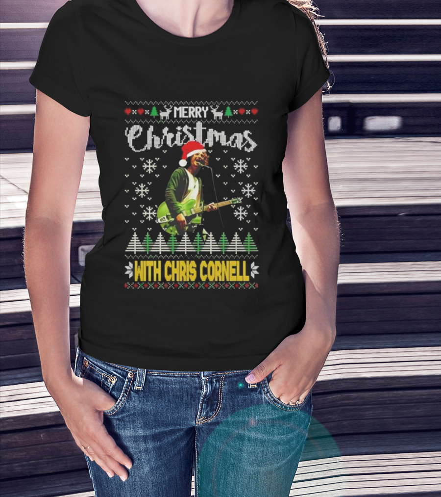 Merry Christmas With Chris Cornell Musician Santa Hat Guitar Snowflakes Trees T-Shirt