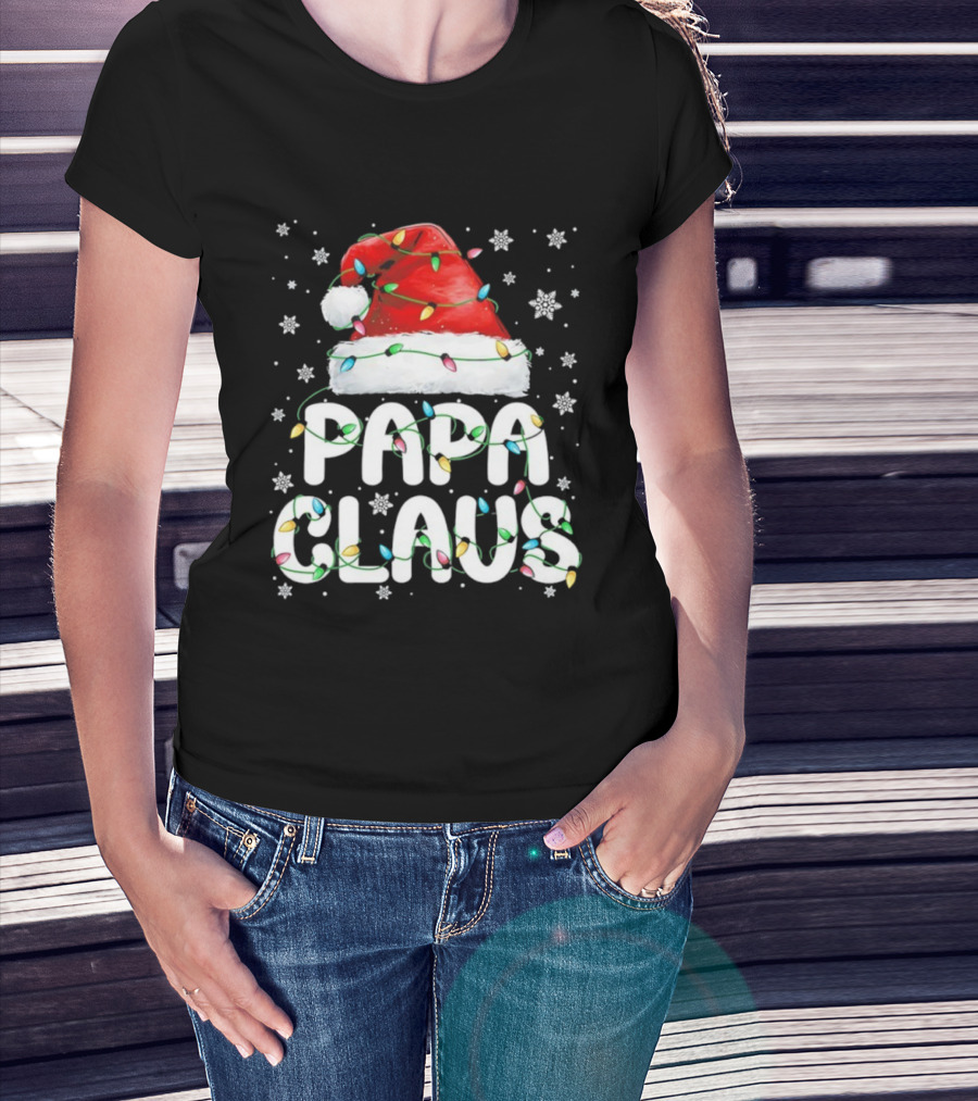 Papa Claus Santa Hat With Christmas Lights Holiday Stars T-Shirt