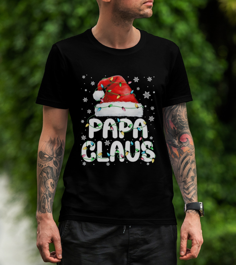 Papa Claus Santa Hat With Christmas Lights Holiday Stars T-Shirt