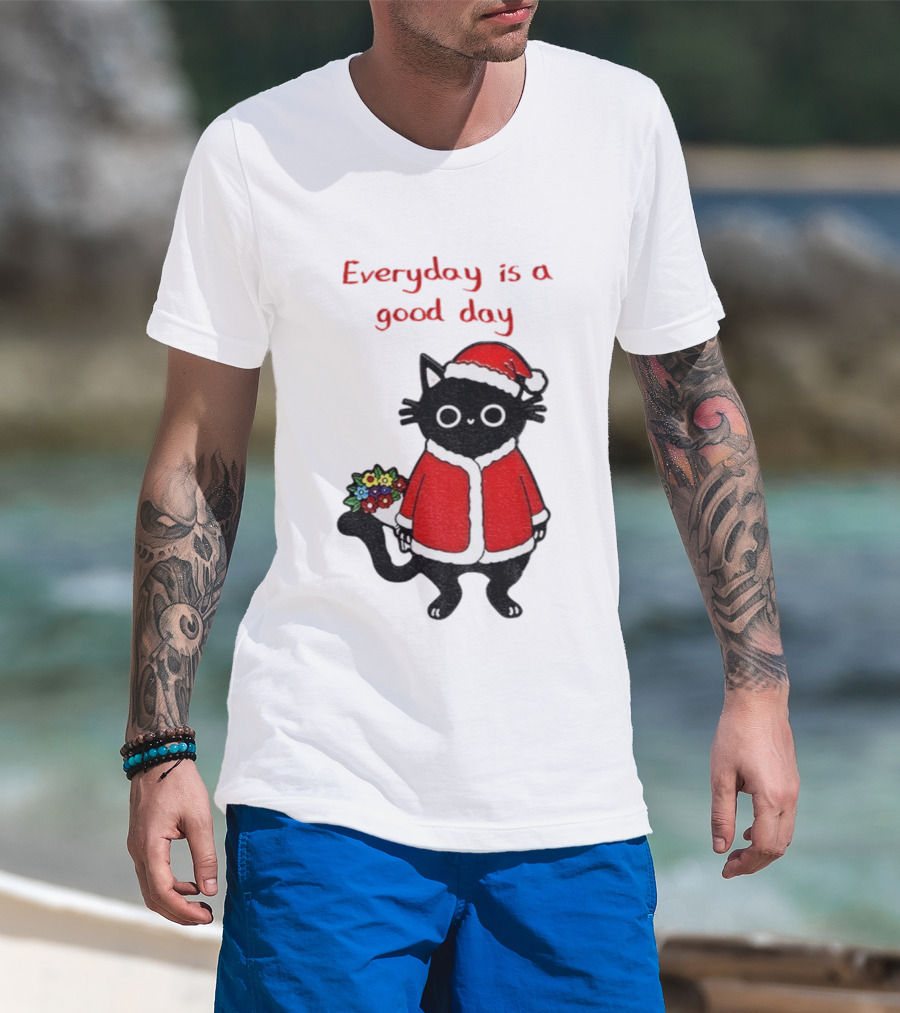 Everyday Is A Good Day Black Cat Santa Merry Christmas T-Shirt