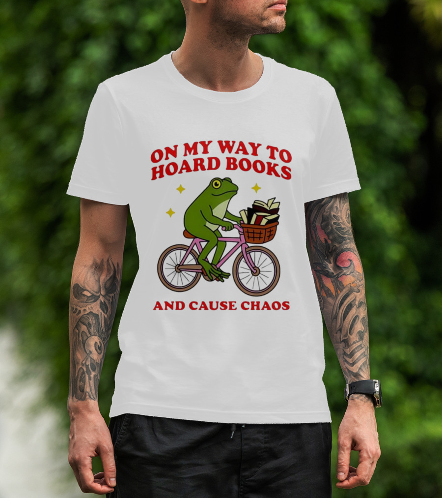 Frog On Bicycle Journey To Hoard Books And Cause Chaos T-Shirt