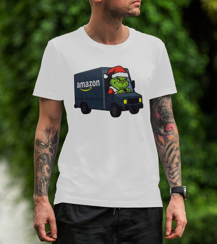 Grinch Santa Claus Driving Amazon Truck Merry Christmas Humor T-Shirt