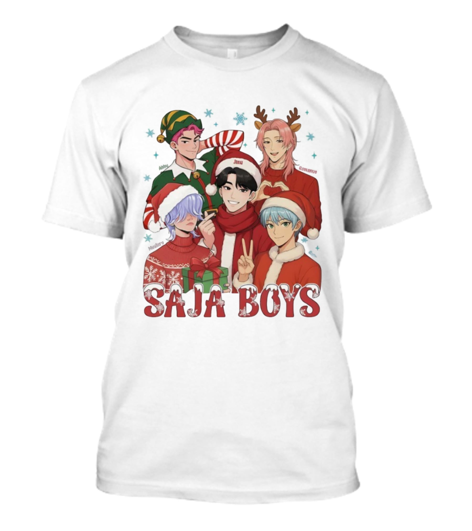 Saja Boys Kpop Christmas 2025 Festive Characters In Santa Hats And Elf Outfits T-Shirt