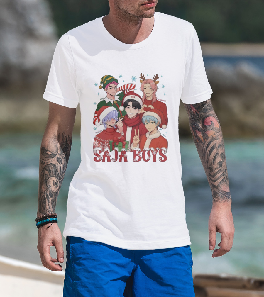 Saja Boys Kpop Christmas 2025 Festive Characters In Santa Hats And Elf Outfits T-Shirt