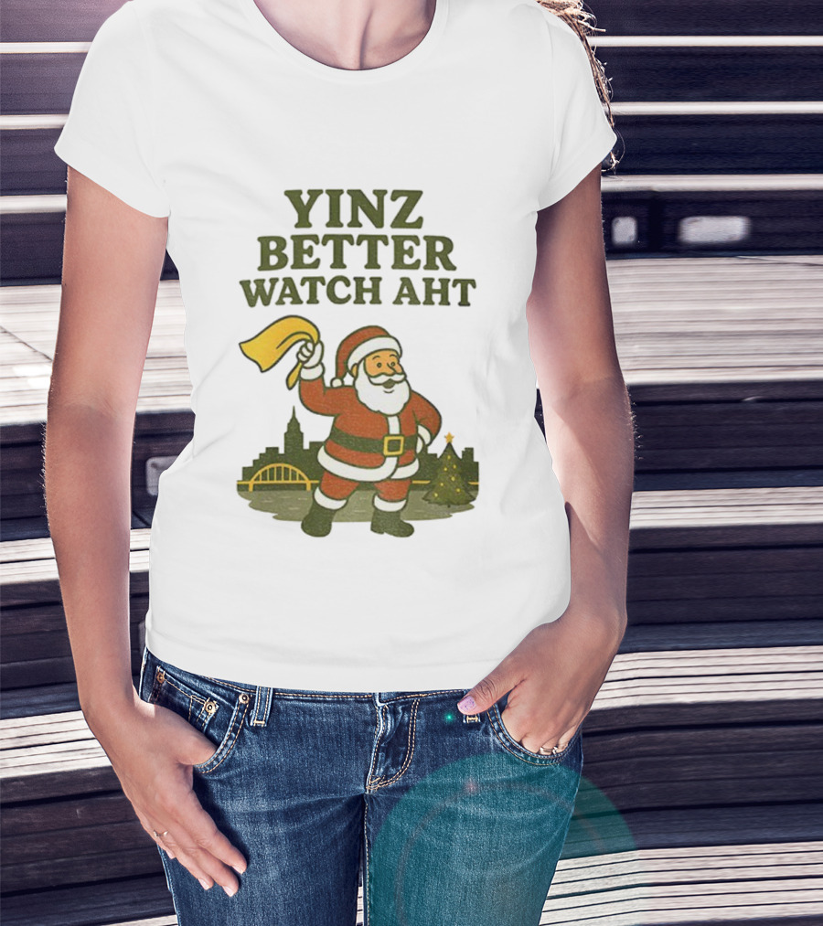 Yinz Better Aht Christmas Santa Pittsburgh Bridge Skyline T-Shirt