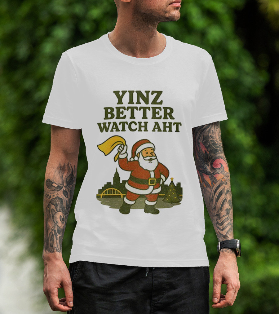 Yinz Better Aht Christmas Santa Pittsburgh Bridge Skyline T-Shirt