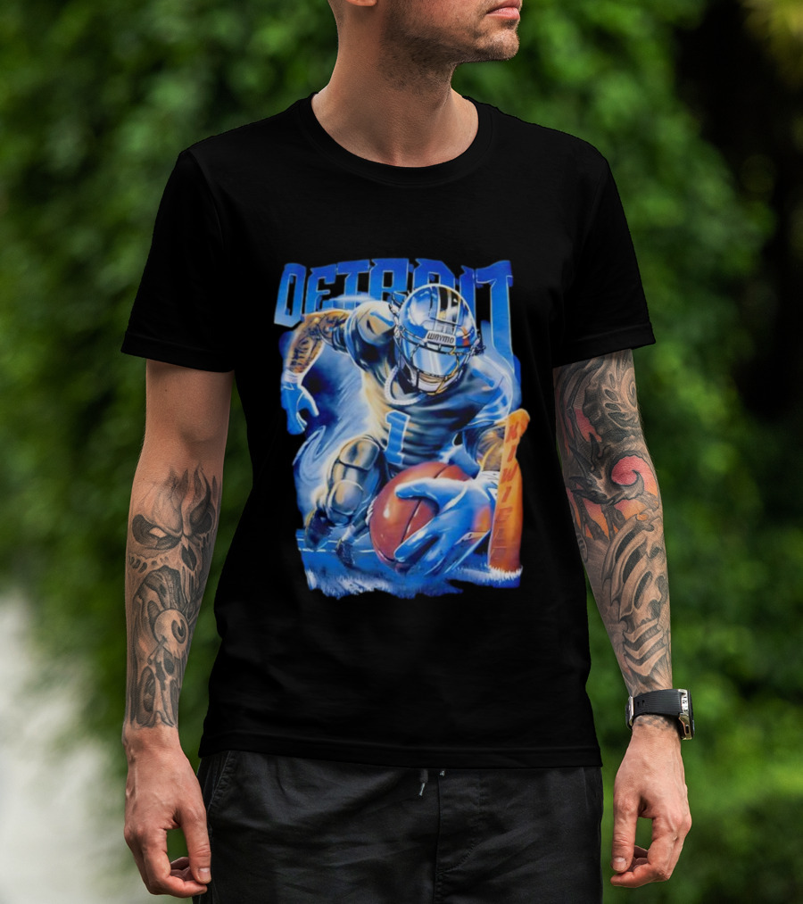 Detroit Football Player Blue Burst Action Art T-Shirt