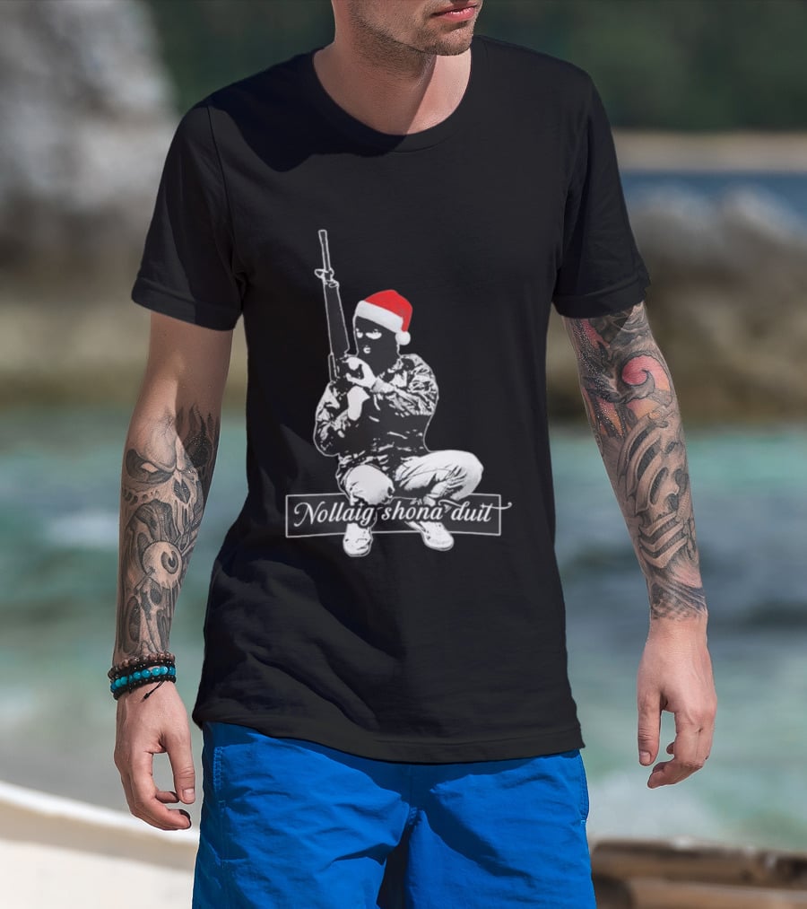 Nollaig Shona Duit Irish Republican Army IRA Christmas Santa Hat Masked Figure T-Shirt