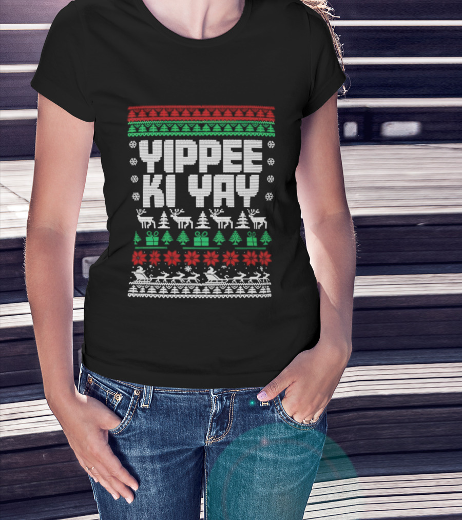 Yippee Ki Yay Die Hard Christmas Sweater Reindeer Trees Presents Snowflakes T-Shirt