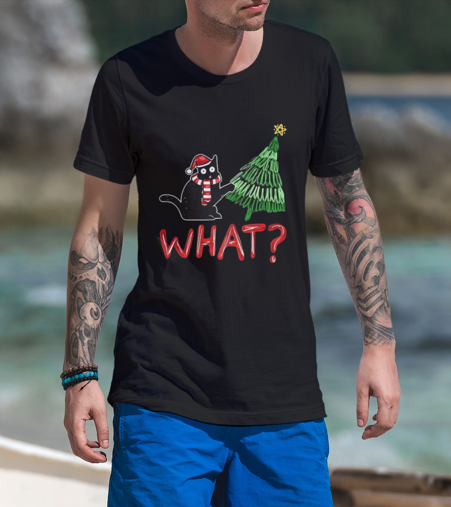 Black Cat What Christmas Tree Santa Hat Scarf T-Shirt