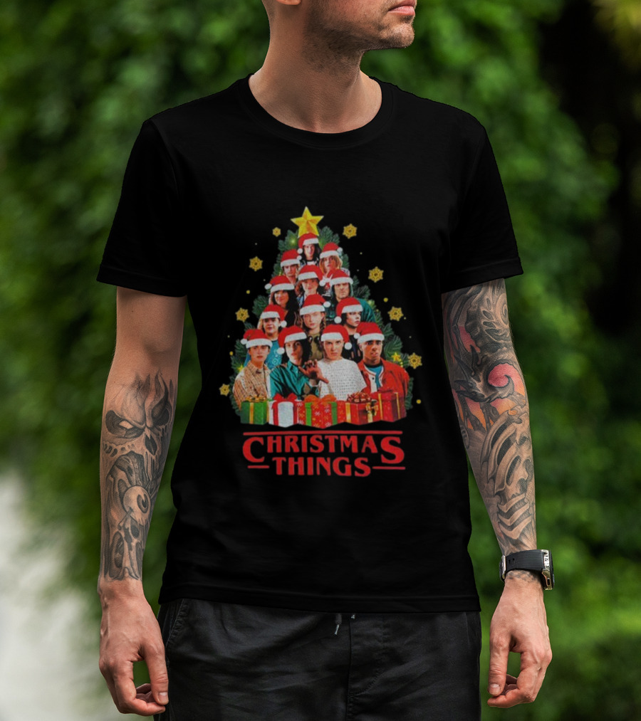 Stranger Things Christmas Tree Holiday Cast Santa Hats Gifts T-Shirt