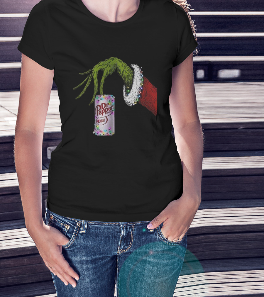 Grinch Hand Holding Dr Pepper Diet Can Christmas Lights Merry Christmas T-Shirt
