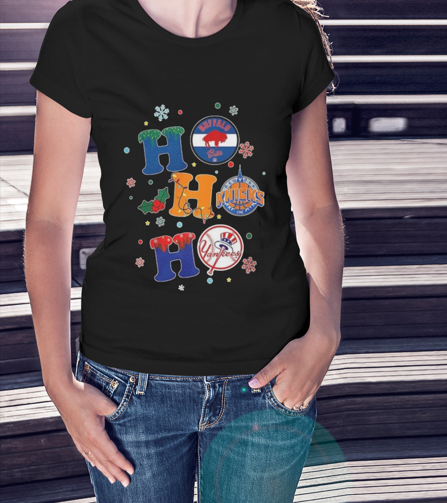 Buffalo Bills New York Knicks Yankees Christmas Ho Ho Ho Snowflakes T-Shirt