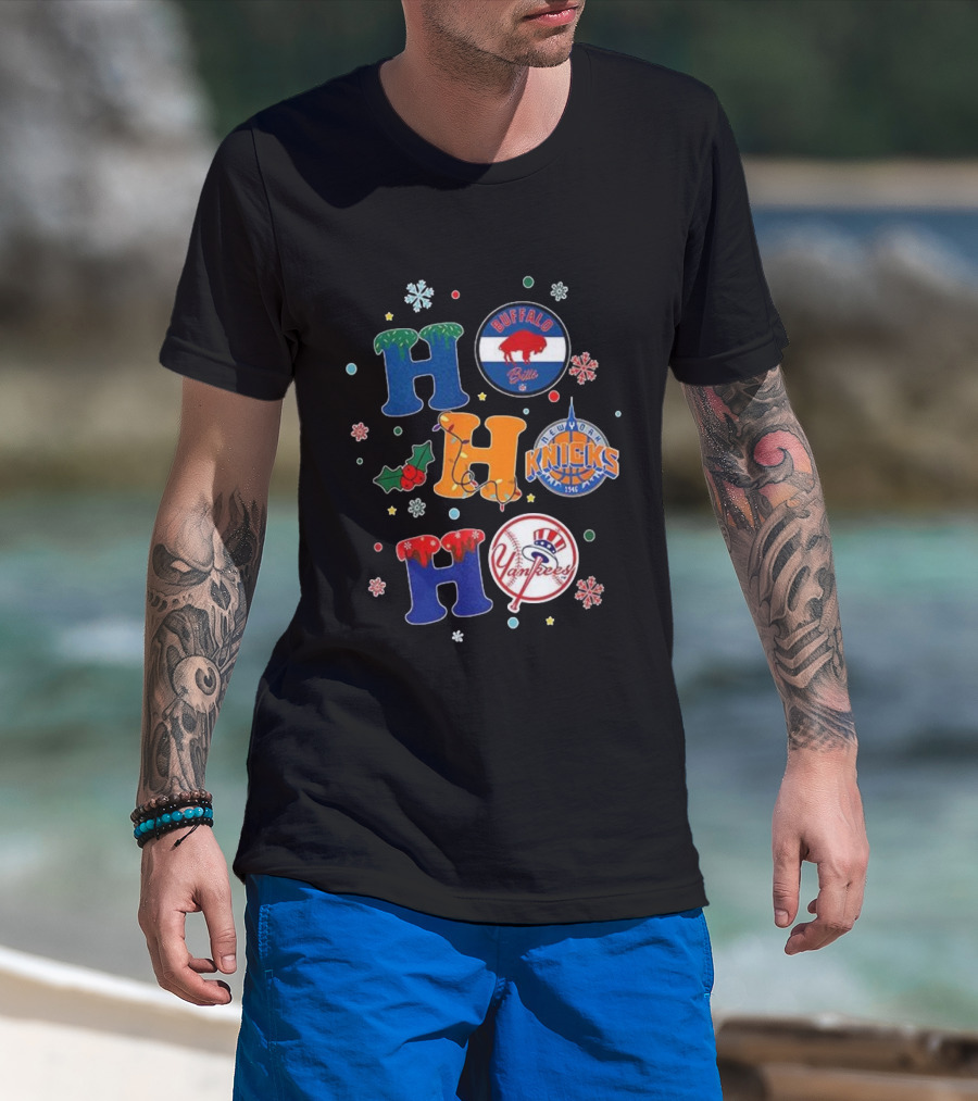 Buffalo Bills New York Knicks Yankees Christmas Ho Ho Ho Snowflakes T-Shirt