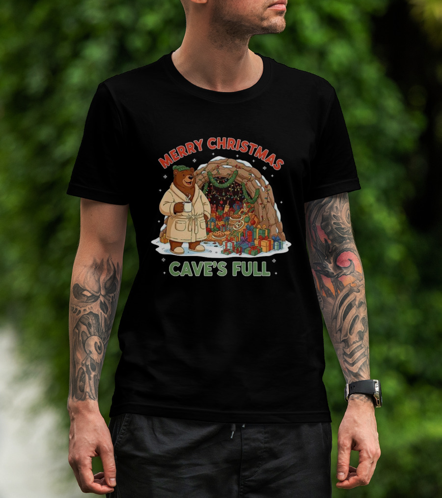 Merry Christmas Bear In Cozy Cave Filled With Gifts T-Shirt