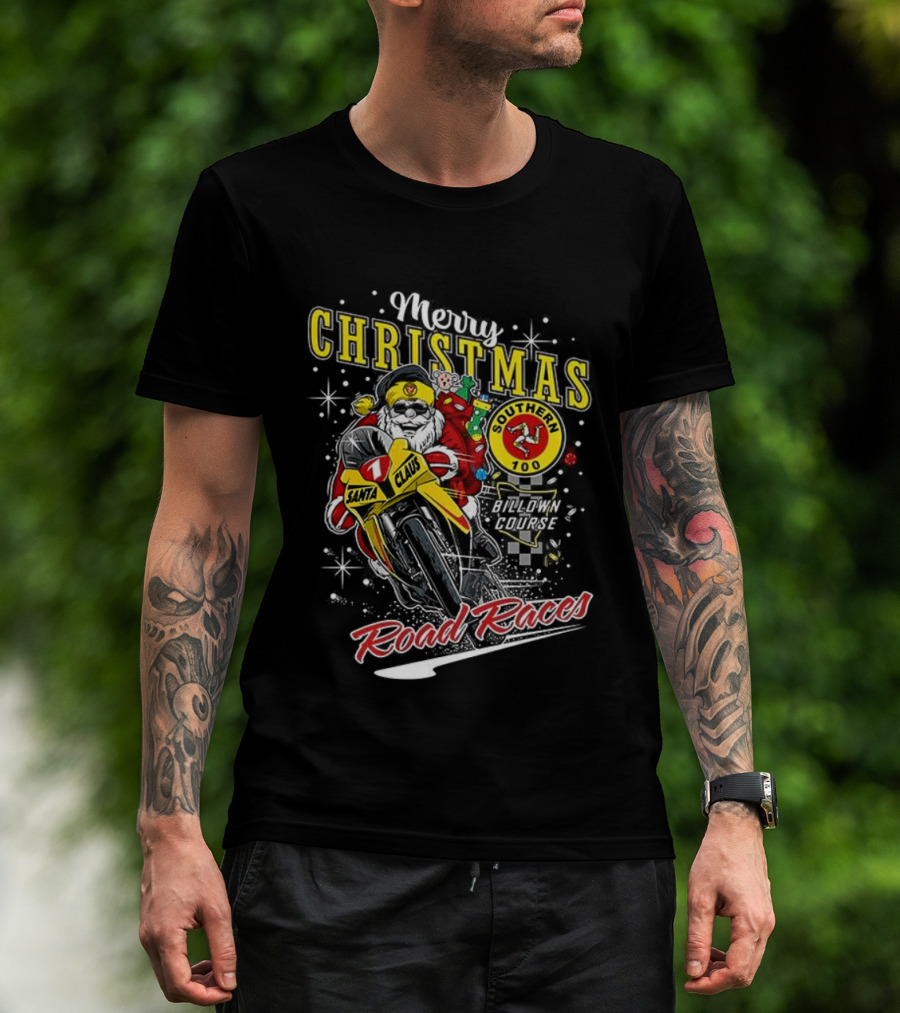 Merry Christmas Santa Claus Motorcycle Road Races Holiday T-Shirt
